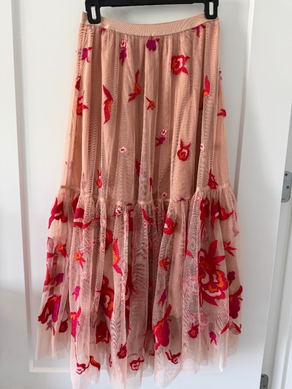 Anthropologie Maeve Embroidered Tulle Skirt Pink & Red Small